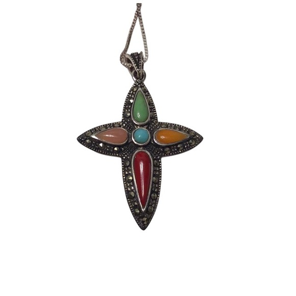 Sterling Silver Marcasite & Multi Stone Cross Pendant Necklace - Picture 1 of 3